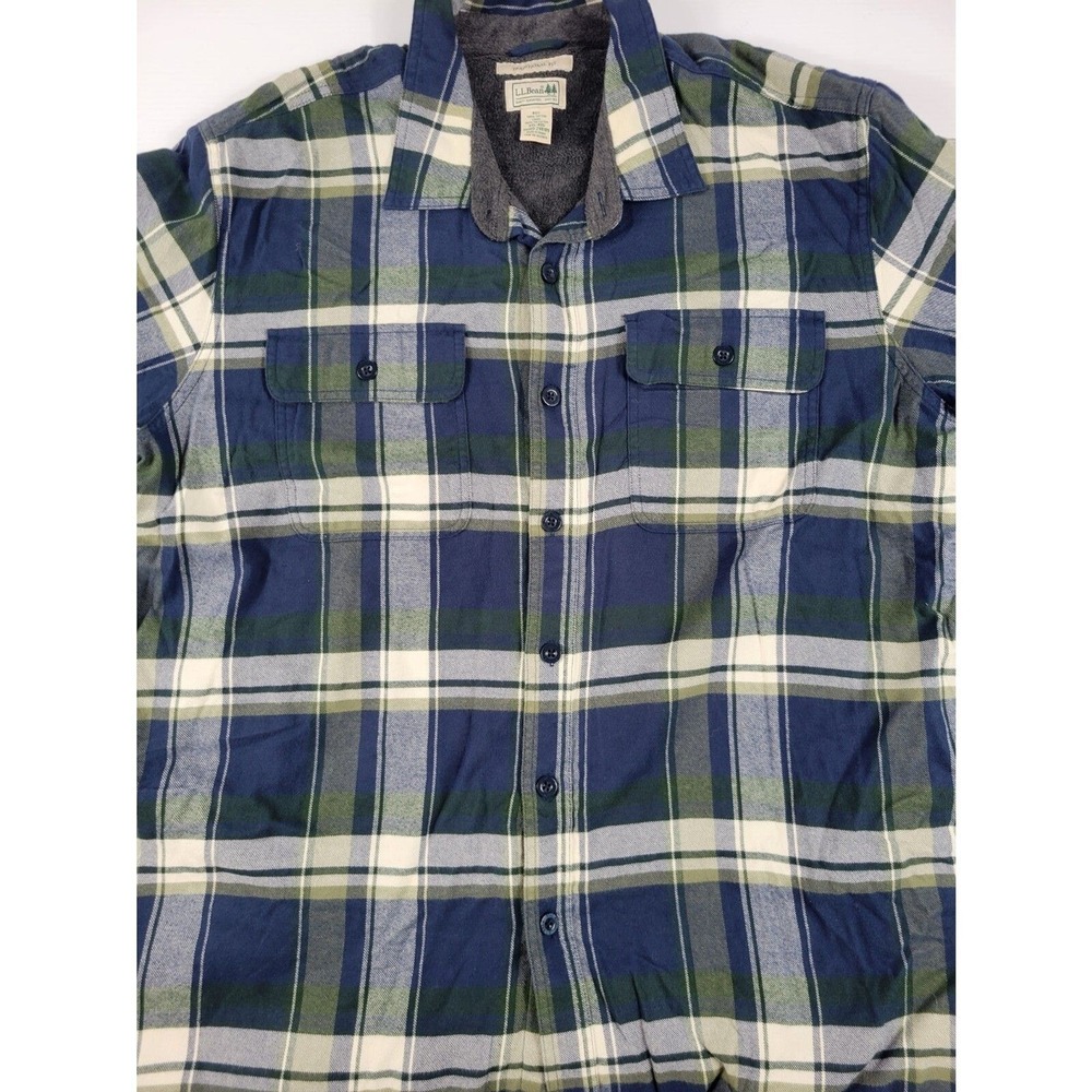 LL Bean 298189 Mens XXL 2XL Fleece Lined Plaid Jacket Shacket Blue Green Yellow - Picture 3 of 12
